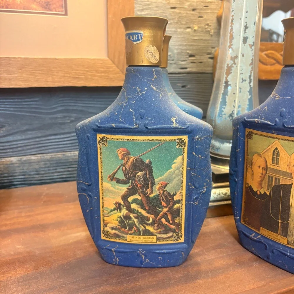 Vintage Jim Beam Choice Blue Glass Decanter Set American Art Series 5 Bottles