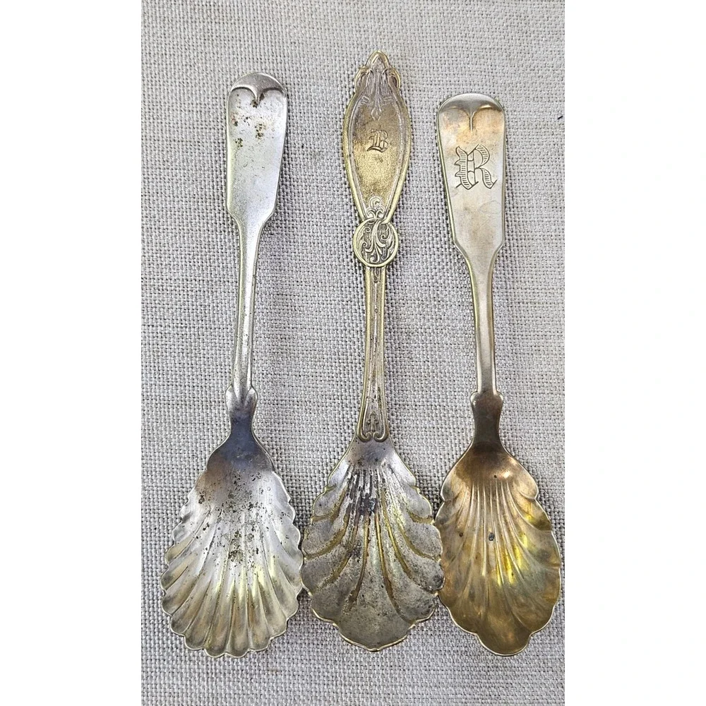 Rogers Brazil Silver Antique Shell Spoons Set 3 Monogrammed R TU B Salt Sugar
