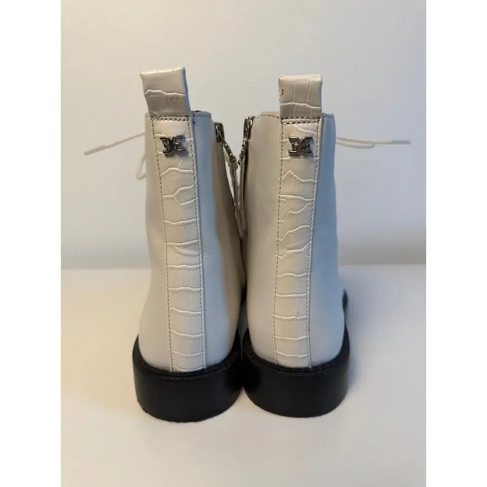 Sam Edelman Nina White Leather Lace Up Side Zip Ankle Combat Boots | Size 7M/37