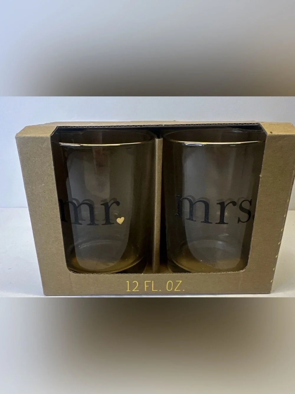 Mr. and Mrs. Hearts Gold Rim 2-Pc. Wiskey Rock Glasses, 12 oz. new in box,