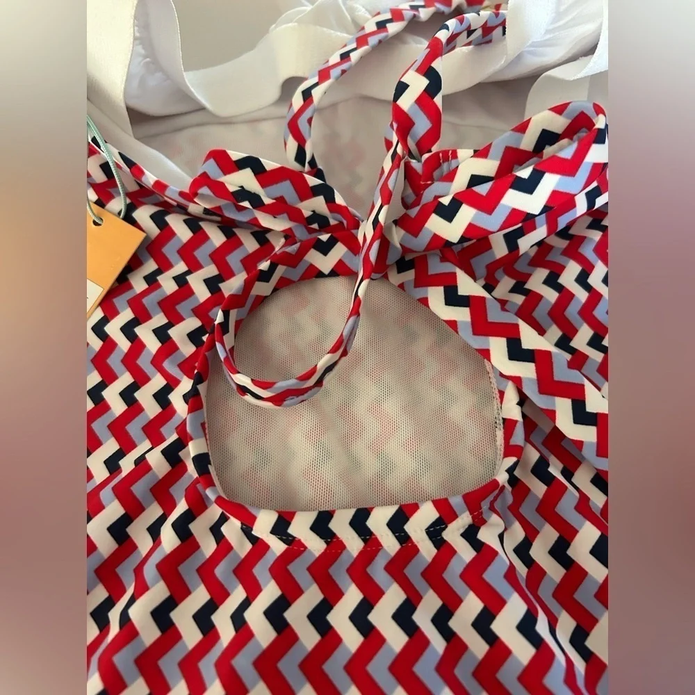 Kona Sol chevron pattern Women's Red and White & blue one piece Swimsuit size 17