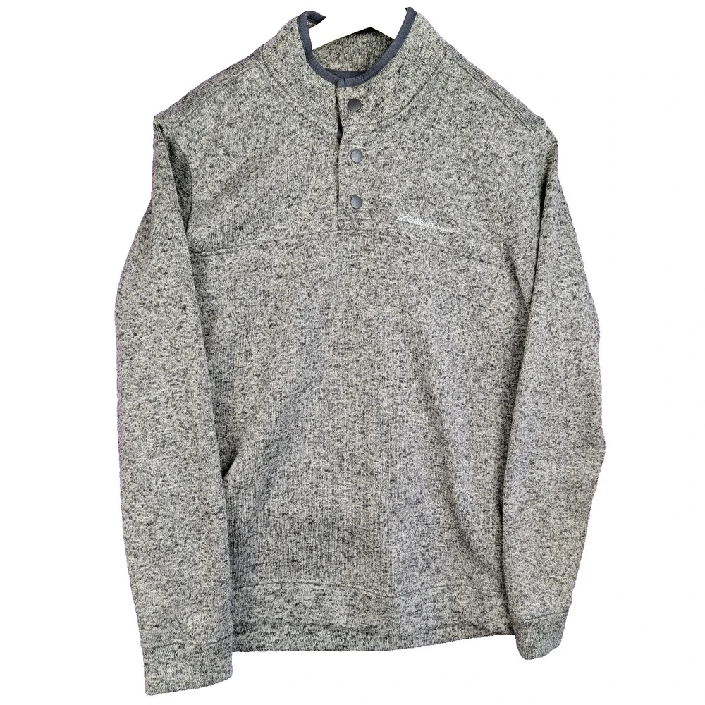 Eddie Bauer Mens Fleece Sweater M Snap Button 1/4 Zip Pullover Heather Charcoal