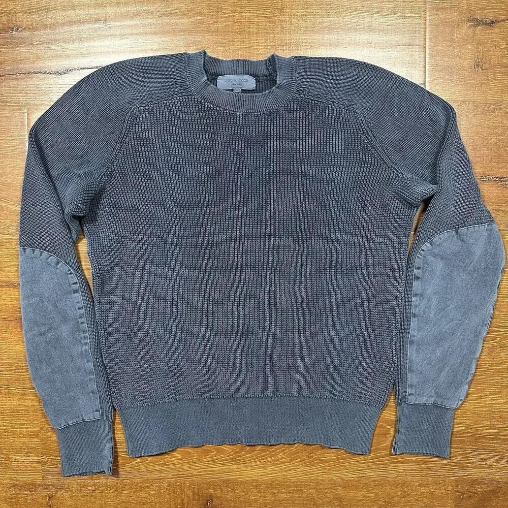 Rag & Bone Sweatshirt Mens M Gray Ribbed Elbow Patches Cotton Retro Alt Designer