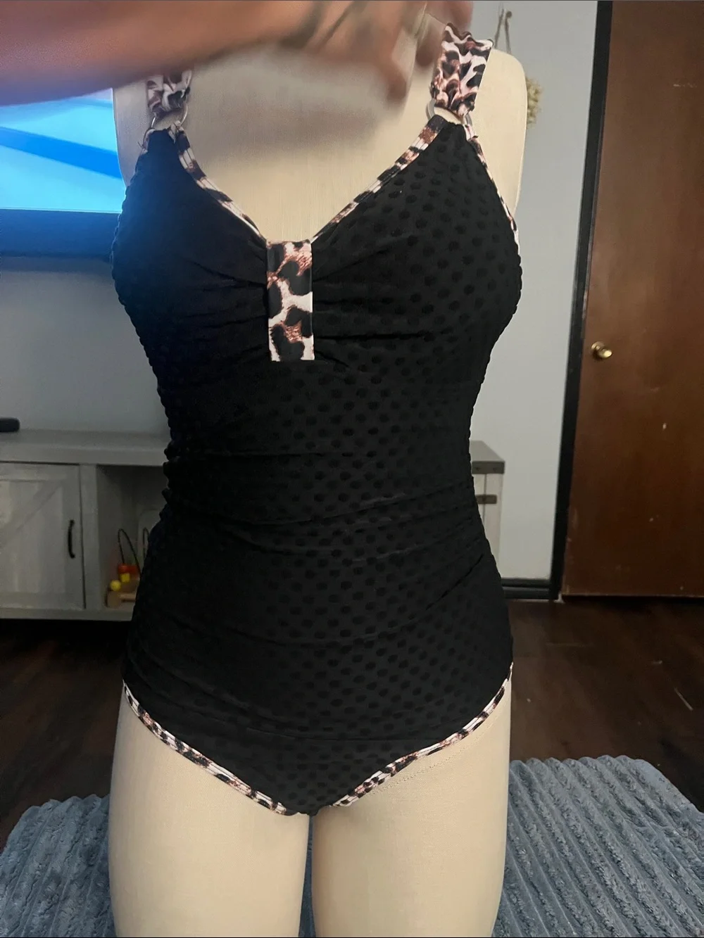 Black Textured One-Piece Swimsuit with Leopard-Trim Accents