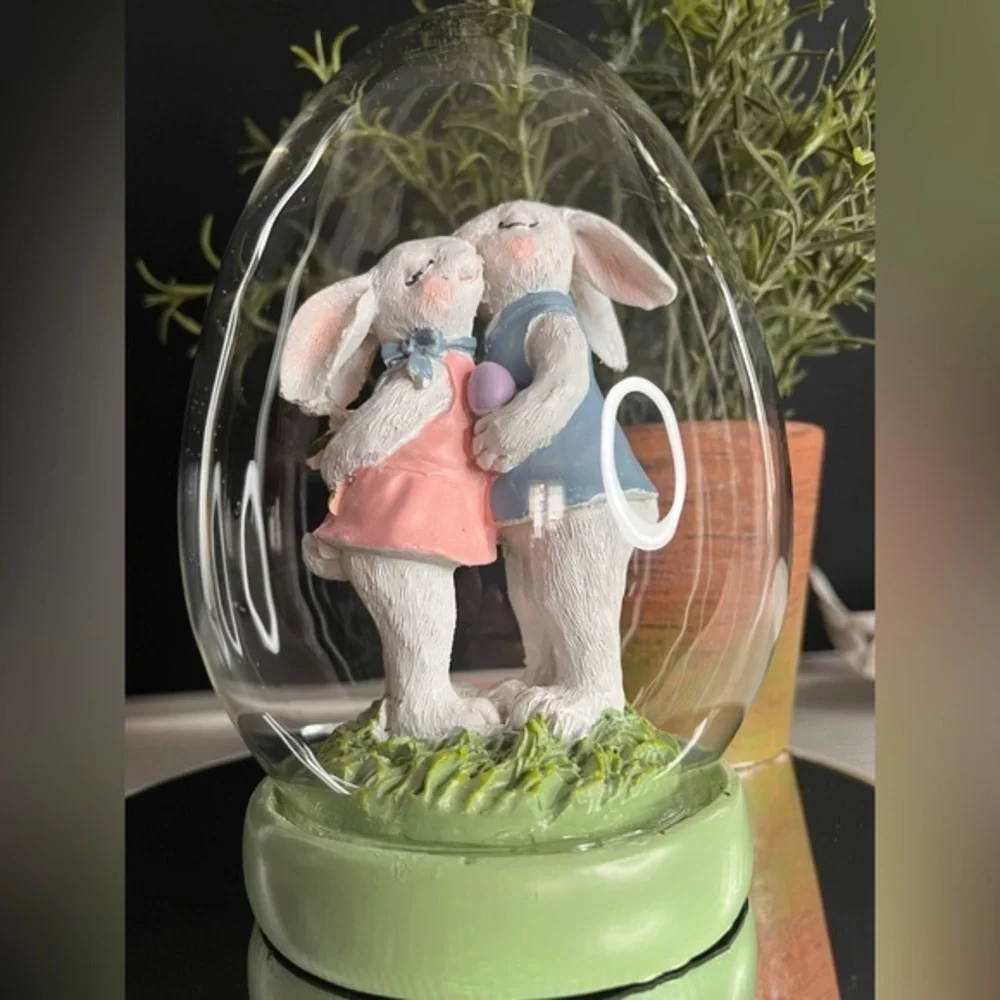 Kissing Bunnies Resin Globe Dome Tabletop Decor Easter Spring NWT