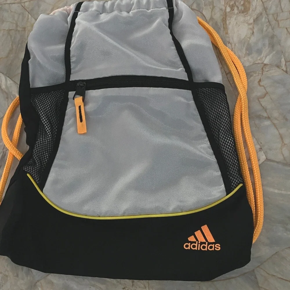 Adidas Drawstring Sackpack Black Silver Orange Mesh Gym Bag Cinch Sack