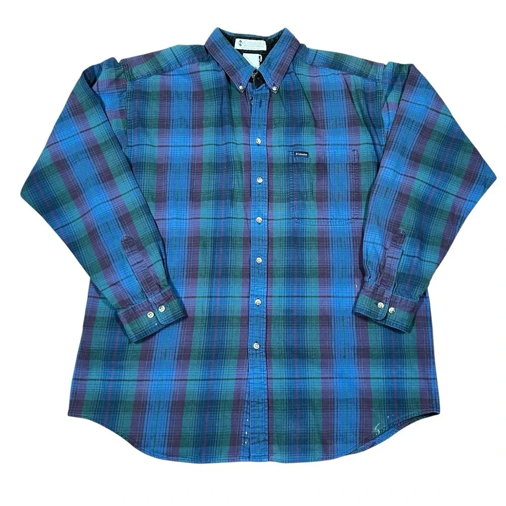 VTG 90s Columbia‎ Blue Plaid Flannel Button Down Shirt Men's L Oversized Grunge