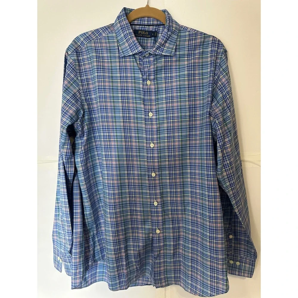 Polo Ralph Lauren Plaid Dress Shirt Button Down Long Sleeve‎ Blue Large