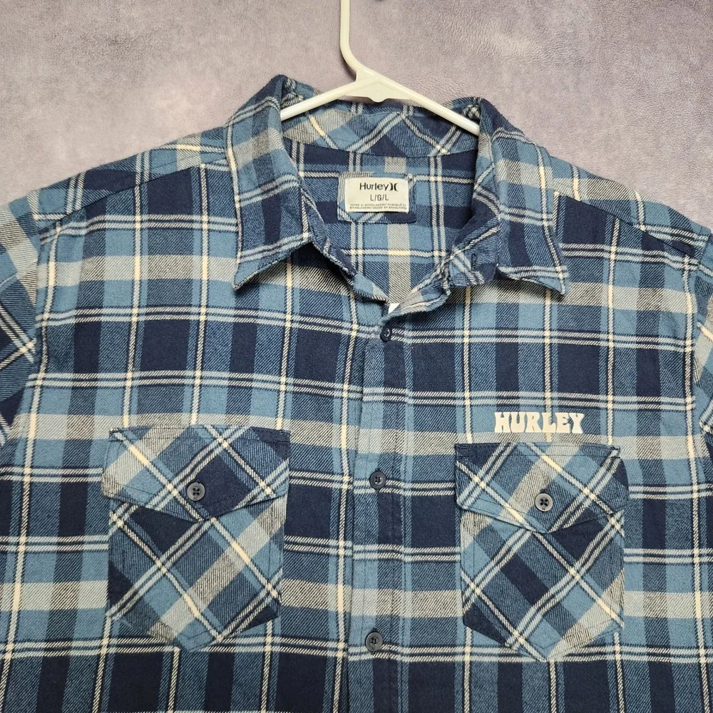 Hurley‎ Mens Blue Plaid Flannel Long Sleeve Button Down Shirt size Large