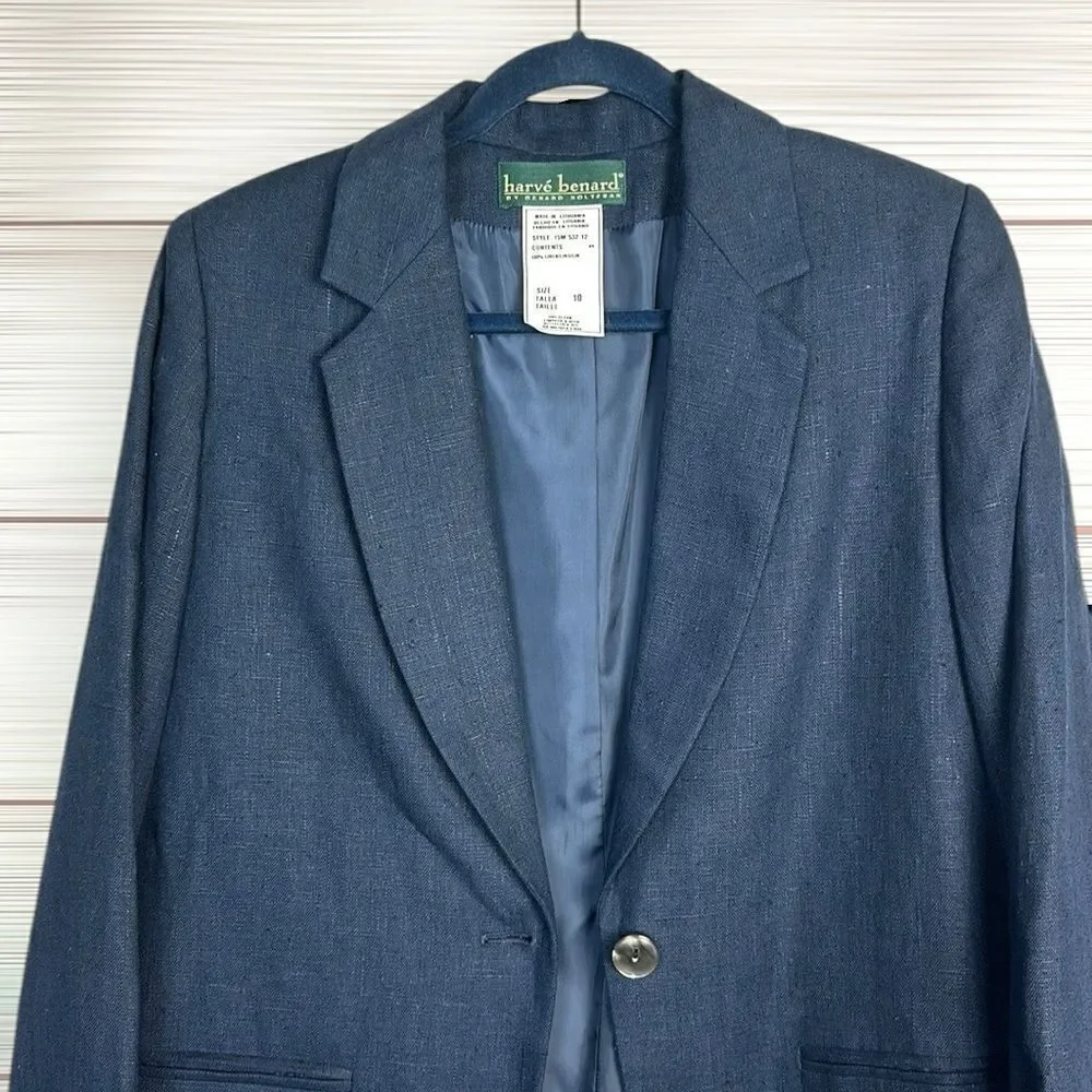 NWT Harve Benard Blue Linen Blazer Single Button Front  US 10 Vintage
