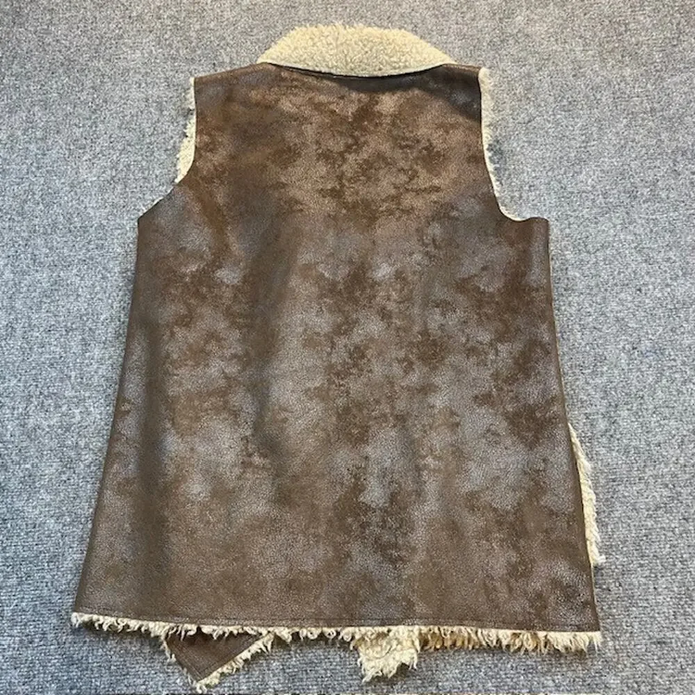 VELVET Graham Spencer Faux Fur Shearling Suede Open Vest Womens Large Boho Chic