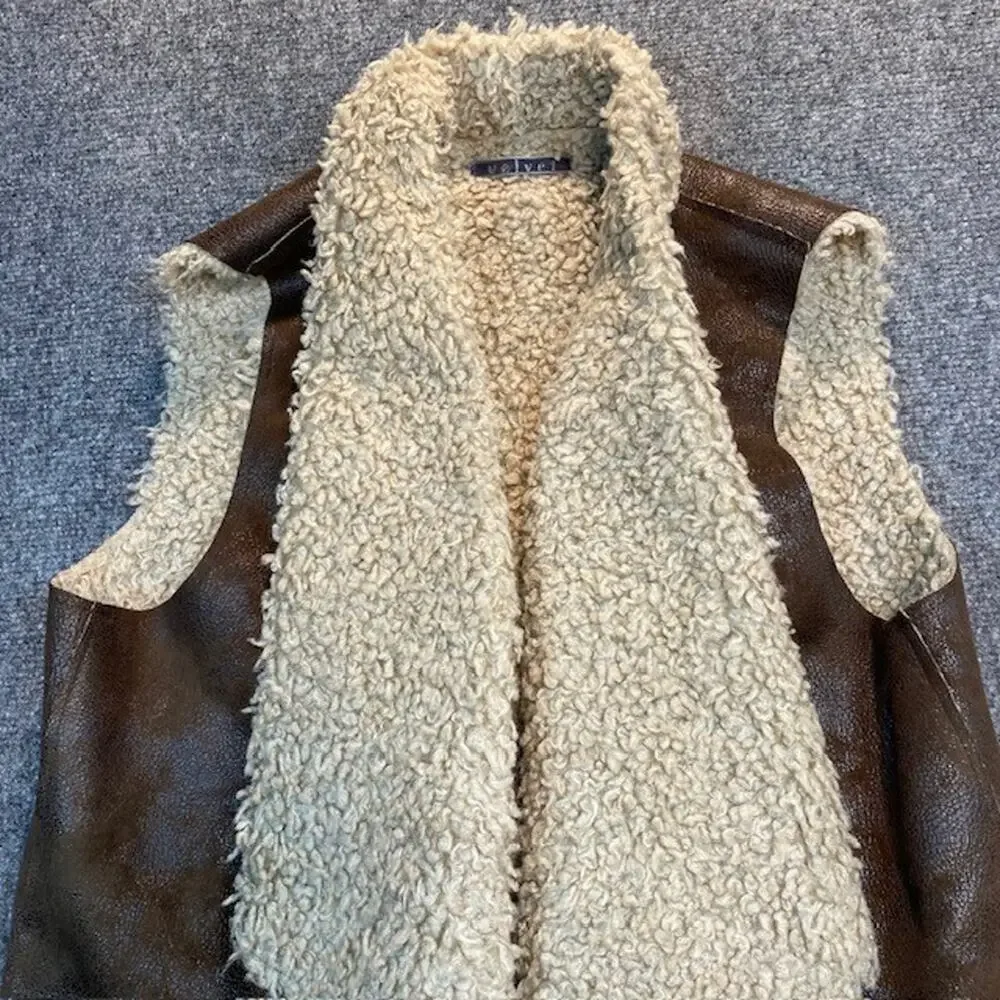 VELVET Graham Spencer Faux Fur Shearling Suede Open Vest Womens Large Boho Chic