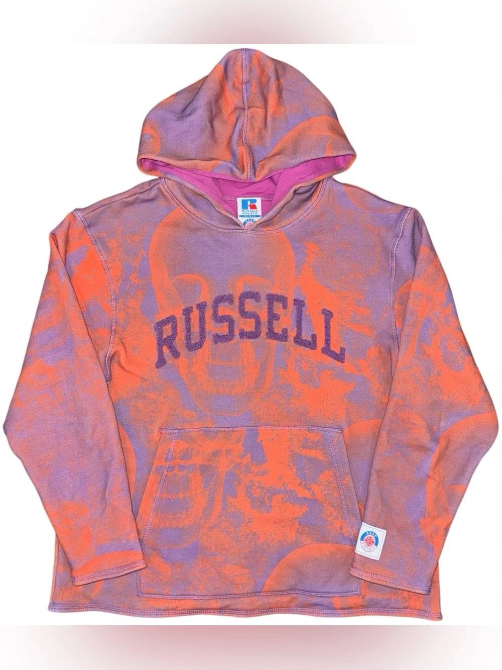 RUSSELL X ASAP Rocky Hoodie Orange Purple Skull Print Chenille Logo Sweatshirt S
