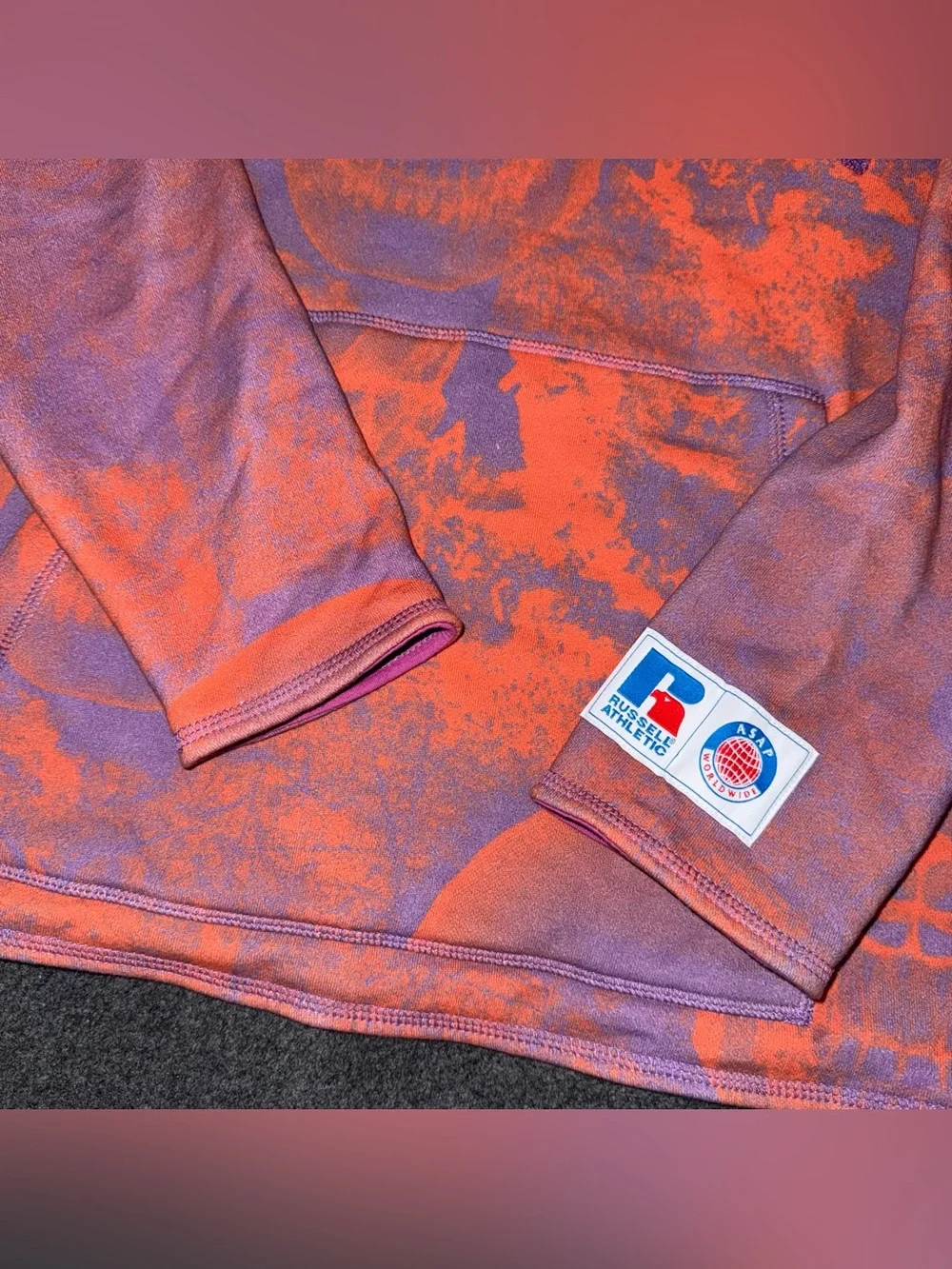 RUSSELL X ASAP Rocky Hoodie Orange Purple Skull Print Chenille Logo Sweatshirt S