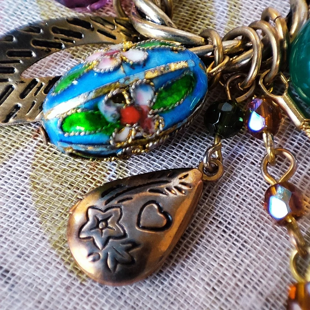 Enameled Cloisonné Egg Tarnished Locket Gold Tone Necklace Cluster NY Company