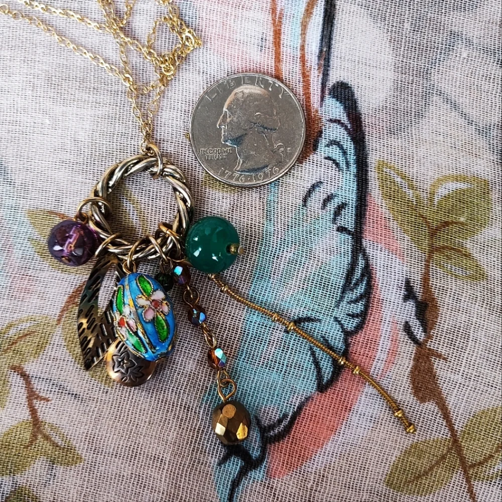 Enameled Cloisonné Egg Tarnished Locket Gold Tone Necklace Cluster NY Company