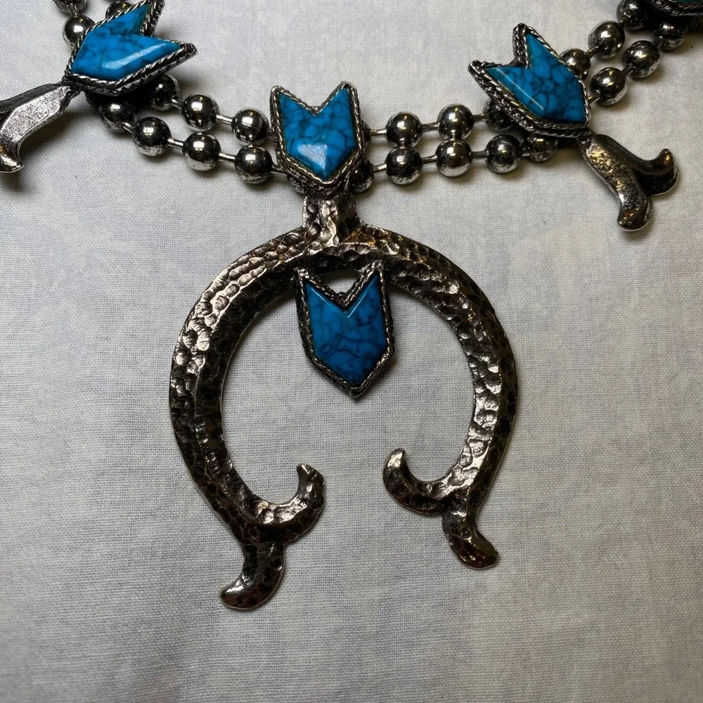 Vintage Southwestern Squash Blossom Style Necklace Turquoise Look Silver Tone‎