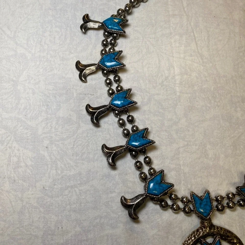 Vintage Southwestern Squash Blossom Style Necklace Turquoise Look Silver Tone‎
