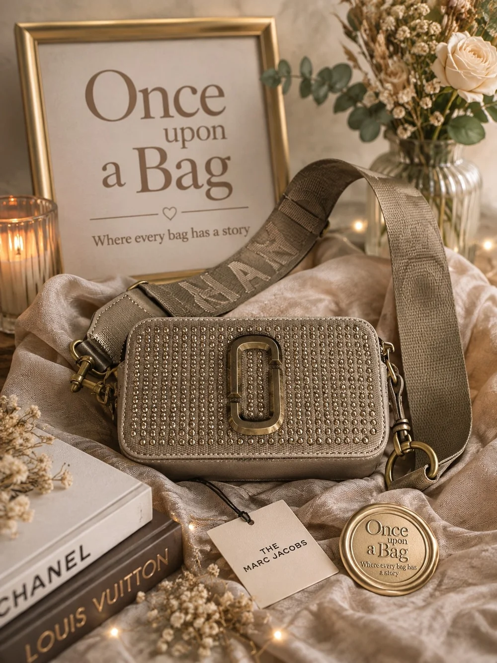 MARC JACOBS Studded Snapshot Bag with Logo Strap