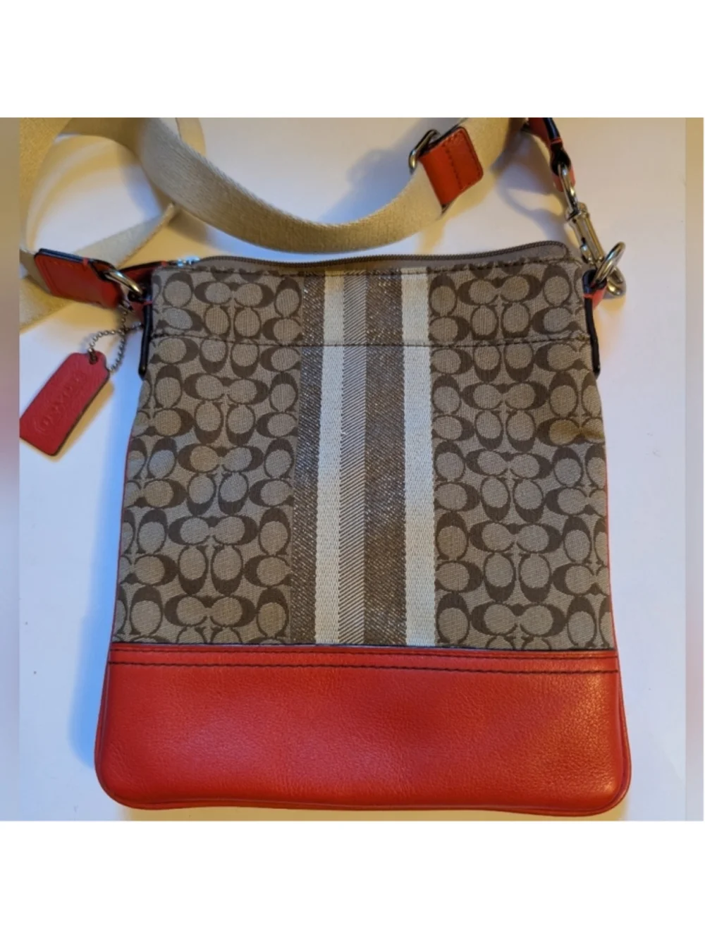 Coach Signature Stripe Swingpack Crossbody Bag In VGUC