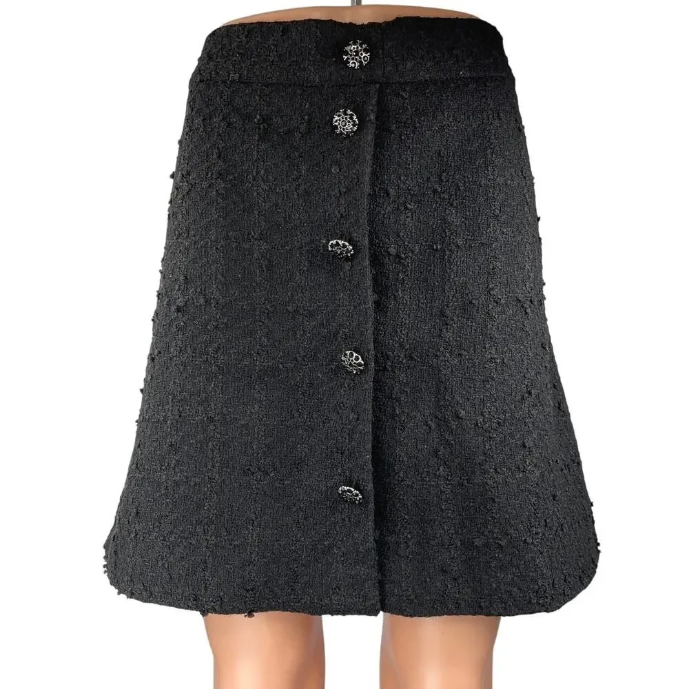 H&M Women's Black Tweed Button Down Casual Knee Length Mini A-Line Skirt Size 14