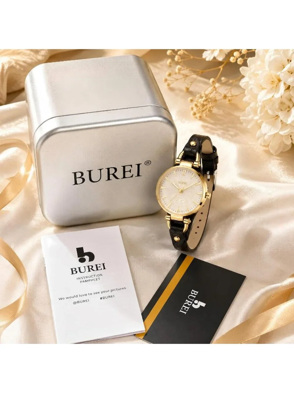 Women's Golden Black Leather Strap Small Dial Waterproof Quartz Wrist Watches