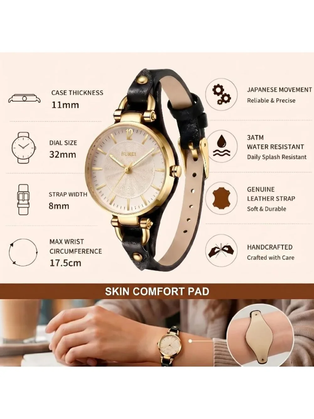 Women's Golden Black Leather Strap Small Dial Waterproof Quartz Wrist Watches