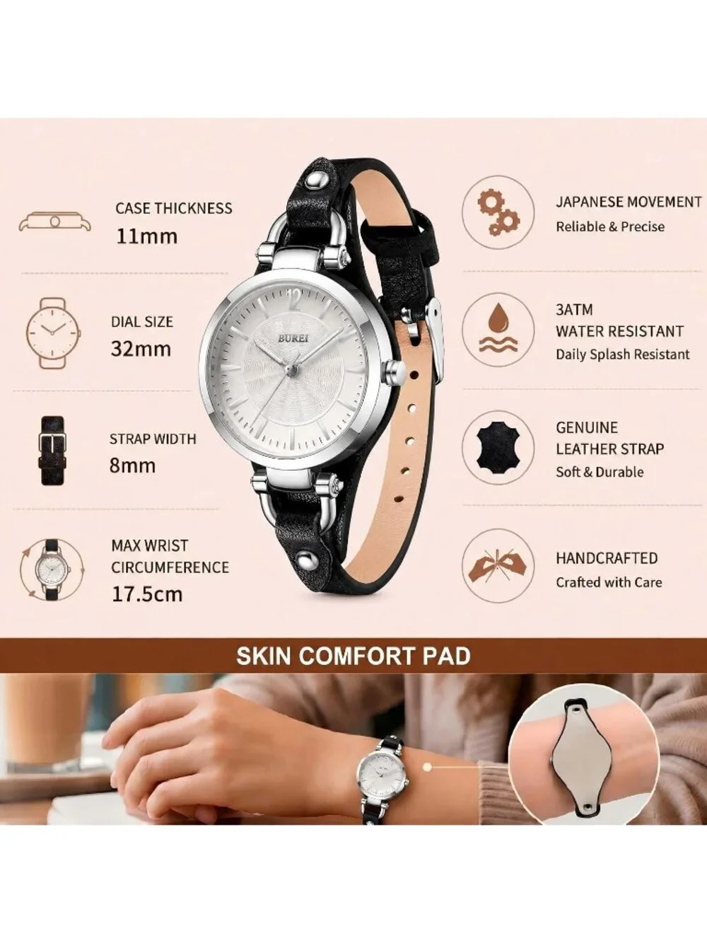 Women's Silver Black Leather Strap Small Dial Waterproof Quartz Wrist Watches