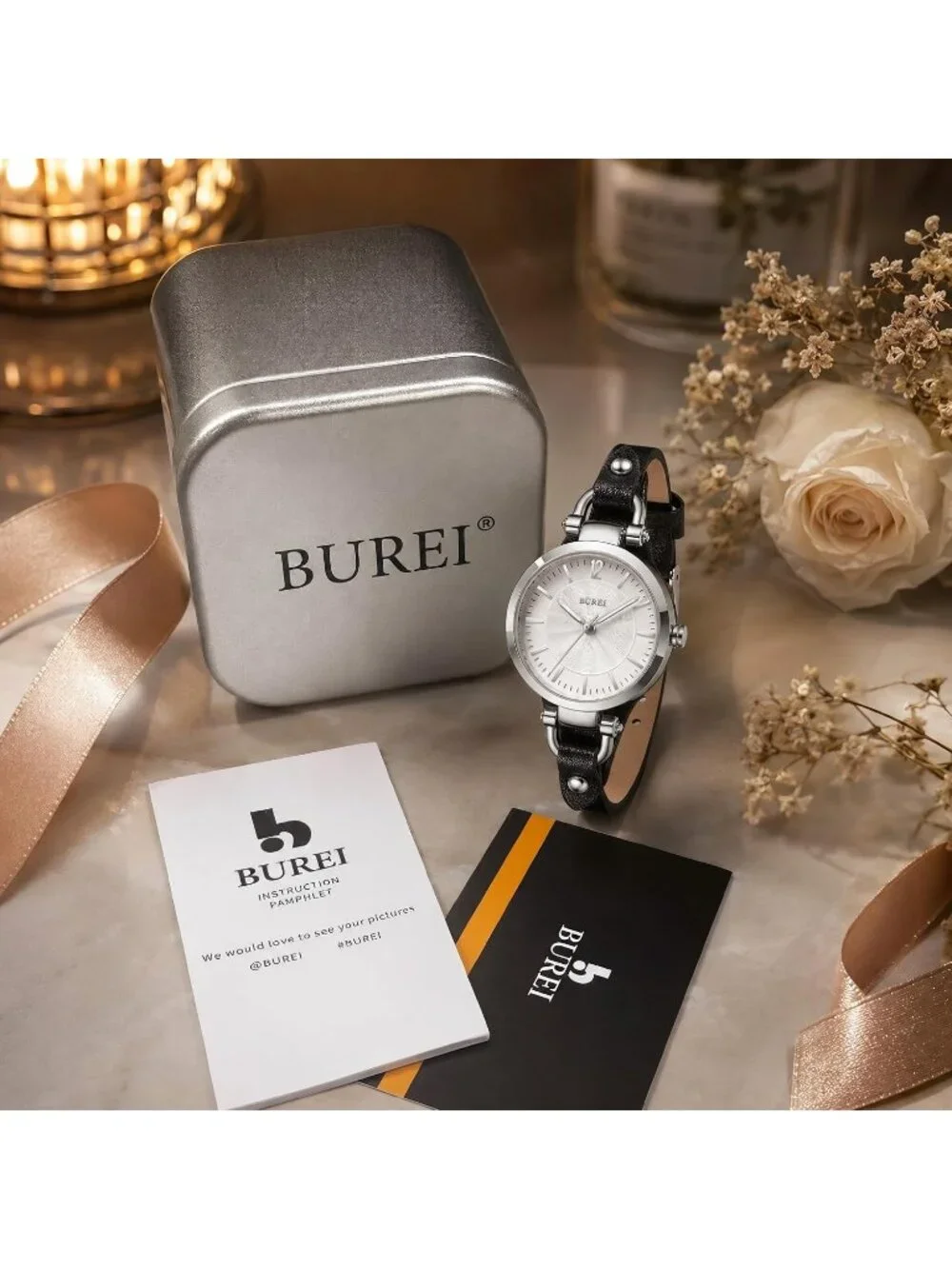 Women's Silver Black Leather Strap Small Dial Waterproof Quartz Wrist Watches
