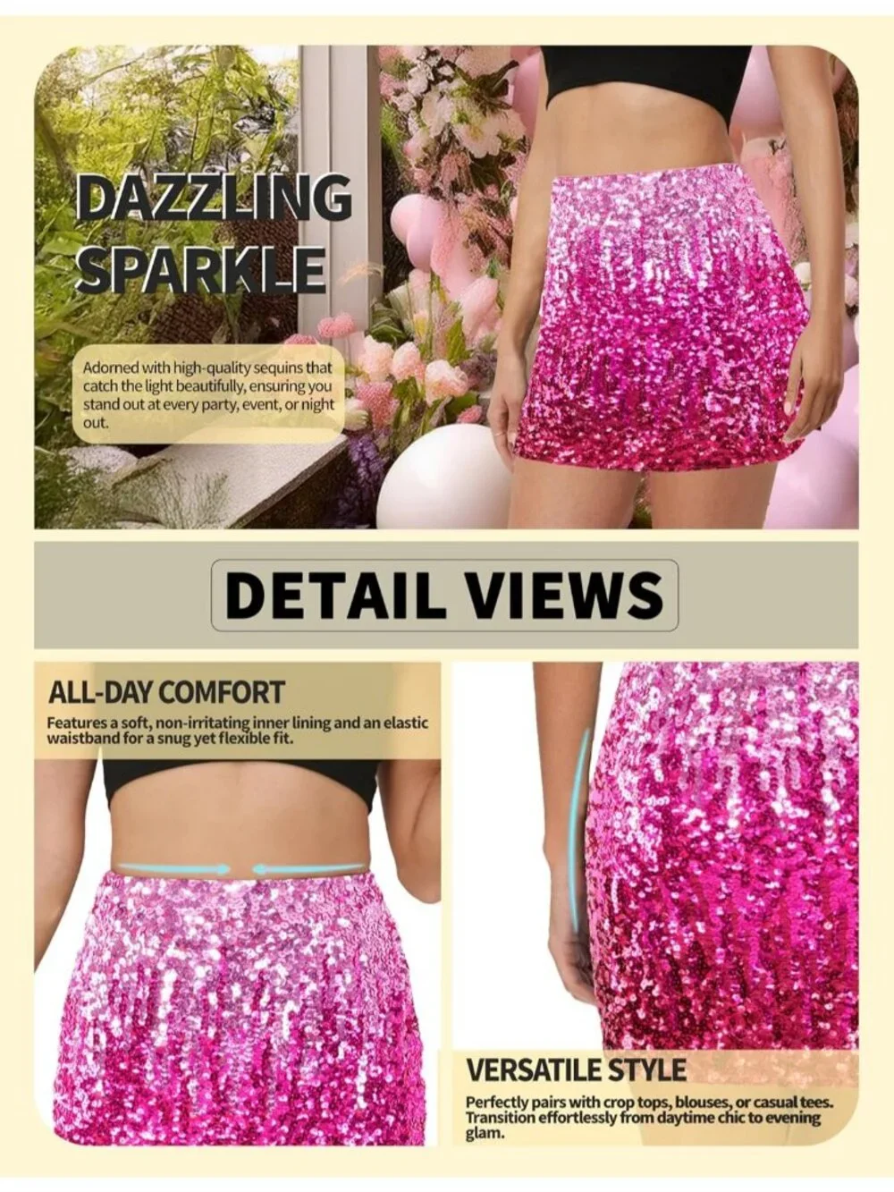 Women's Sequin Sparkle High Waist Bodycon Stretchy Pull On Black Mini Skirt