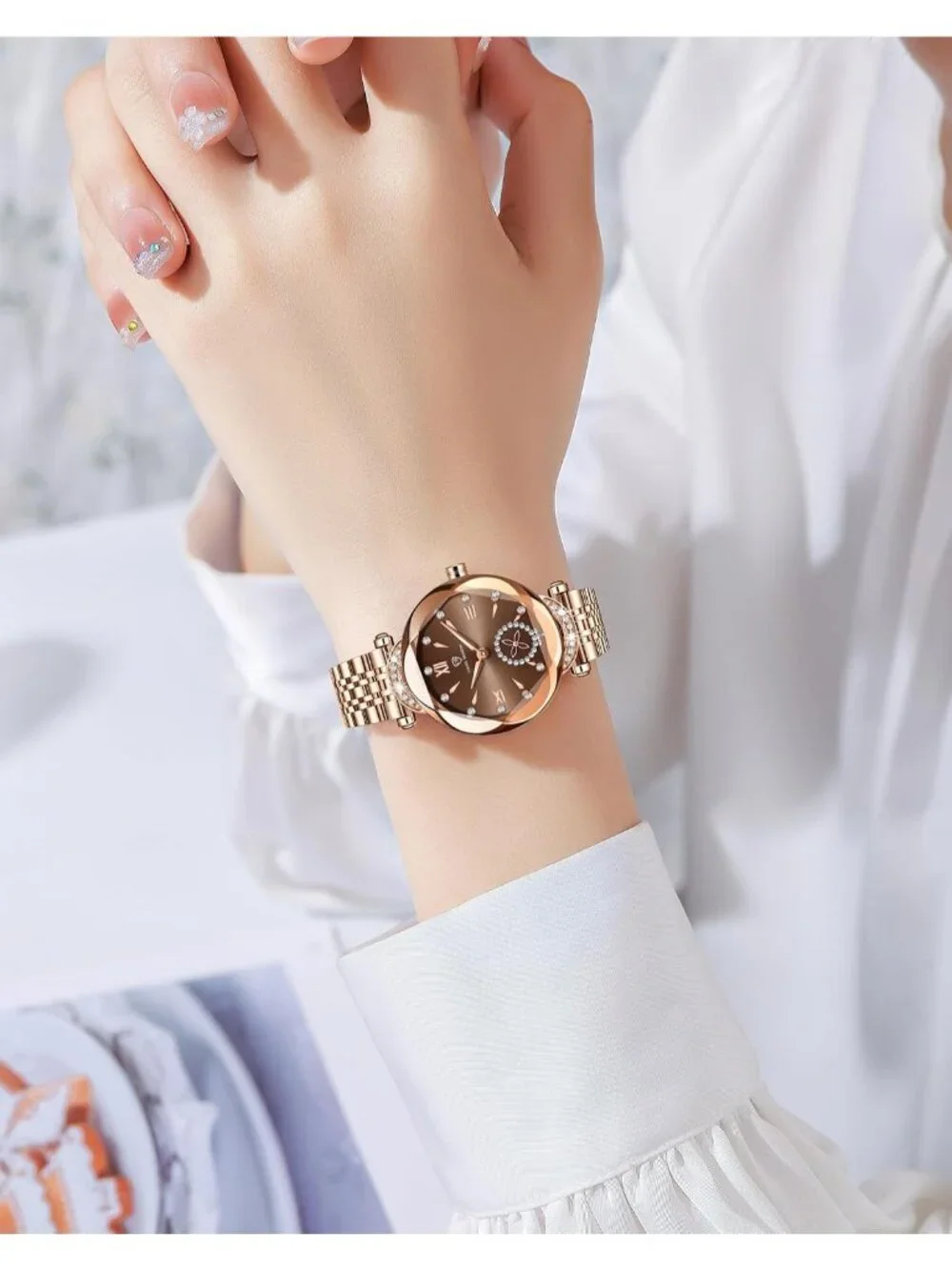 Women's Coffee Crystal Accents Dainty Dress  Stainless Steel Strap Quartz Watch