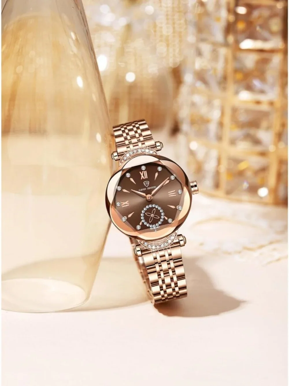 Women's Coffee Crystal Accents Dainty Dress  Stainless Steel Strap Quartz Watch
