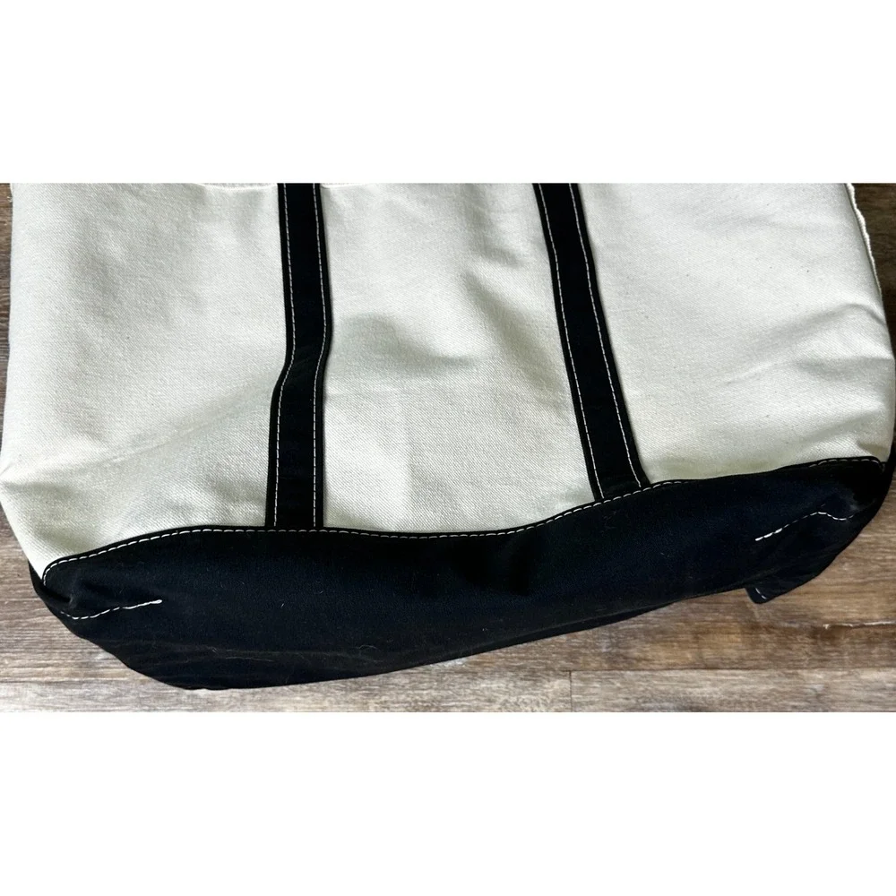 LL Bean Boat And Tote Bag Cream Black Dynasty Logo Zipper Top Large Shoulder