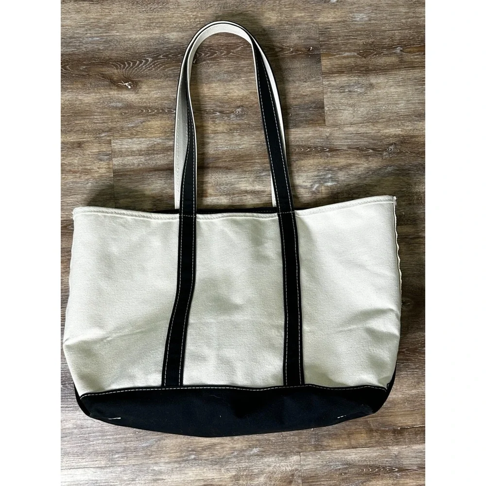LL Bean Boat And Tote Bag Cream Black Dynasty Logo Zipper Top Large Shoulder