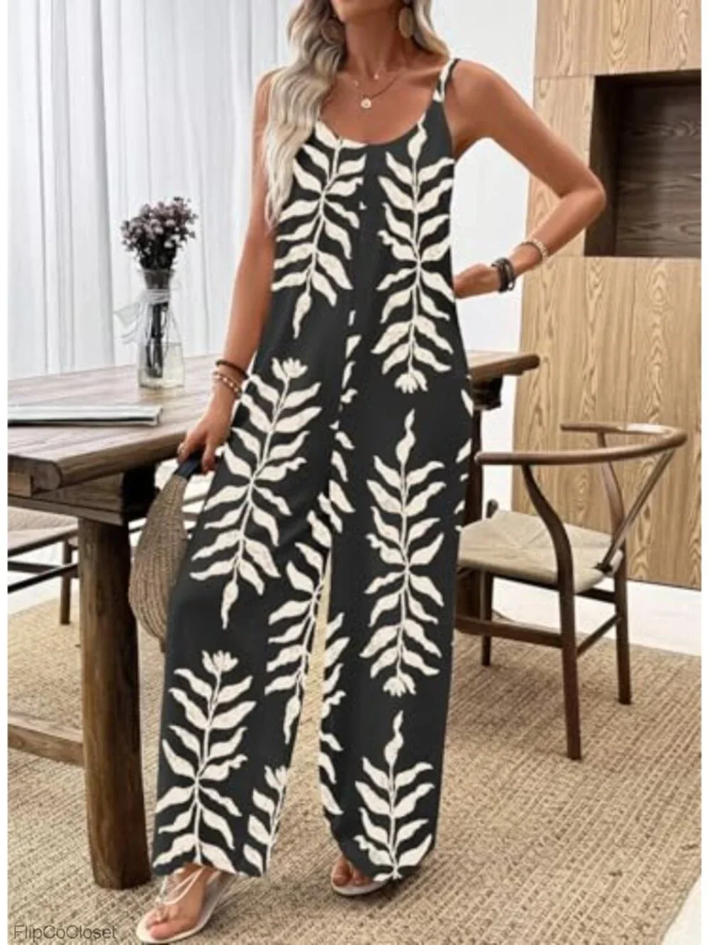 Sleeveless Wide Leg Floral Print Jumpsuit with Pockets