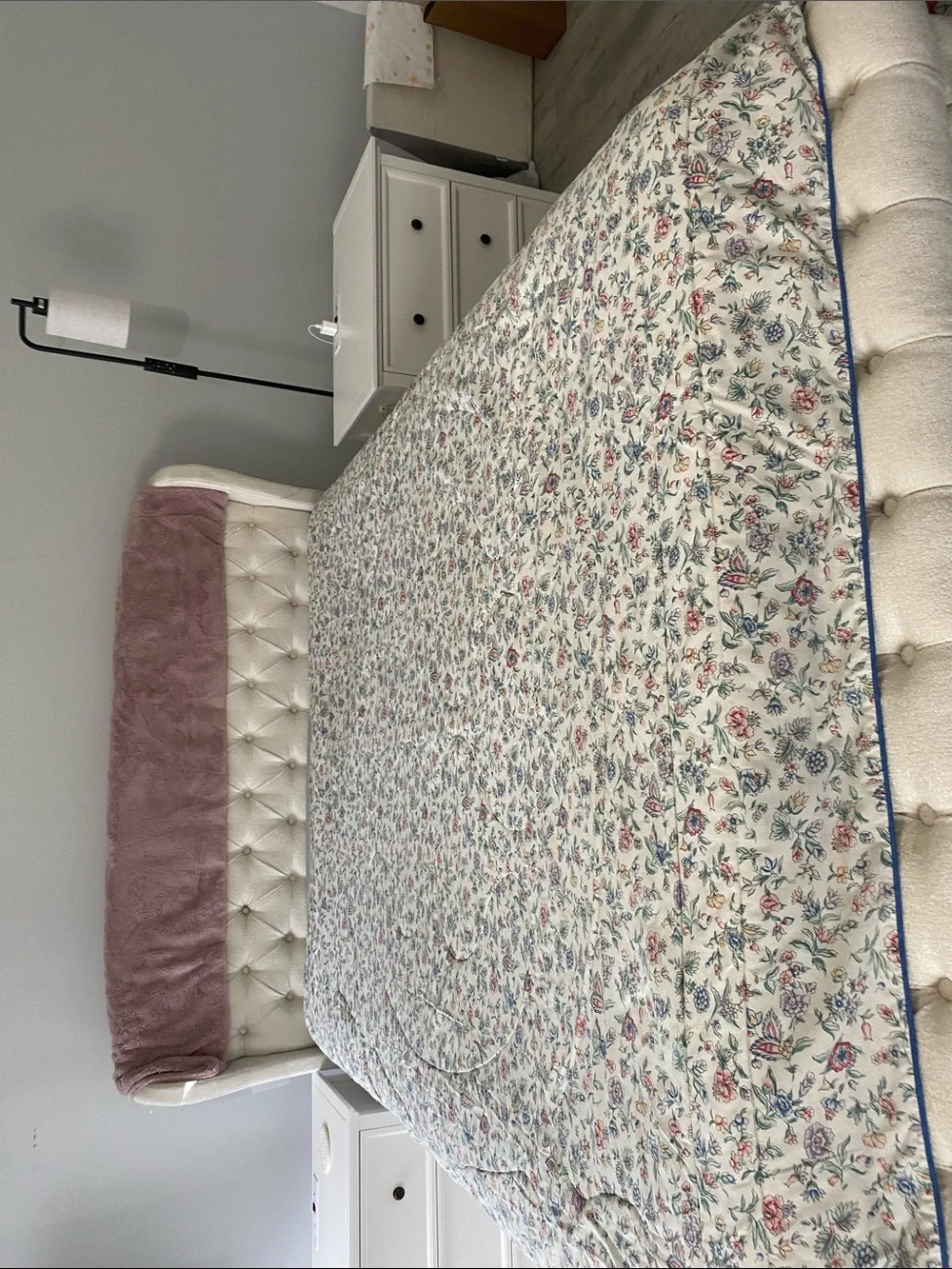 Laura Ashley Cream Floral Quilted Comforter‎ Blue Piping and Pink Blooms Vintage