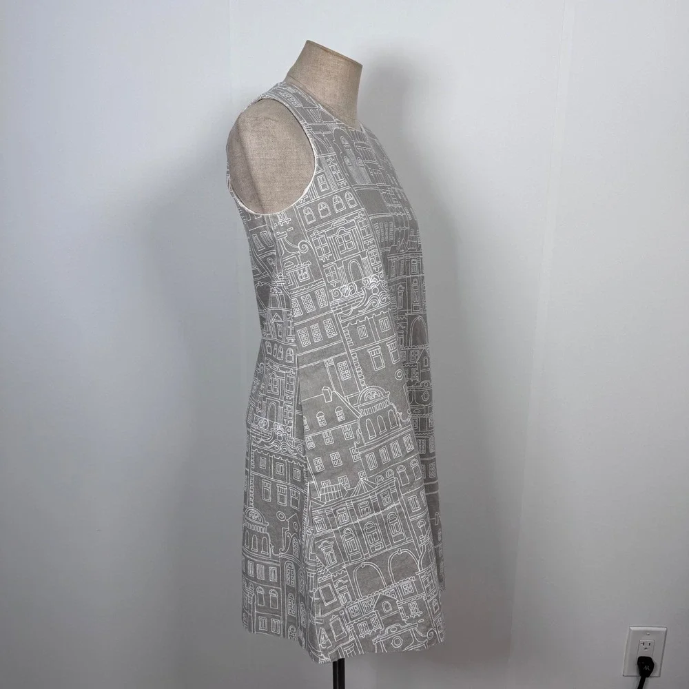 J. McLaughlin Cityscapes Shift Dress Sleeveless XS Taupe Preppy MOD Artsy Modern