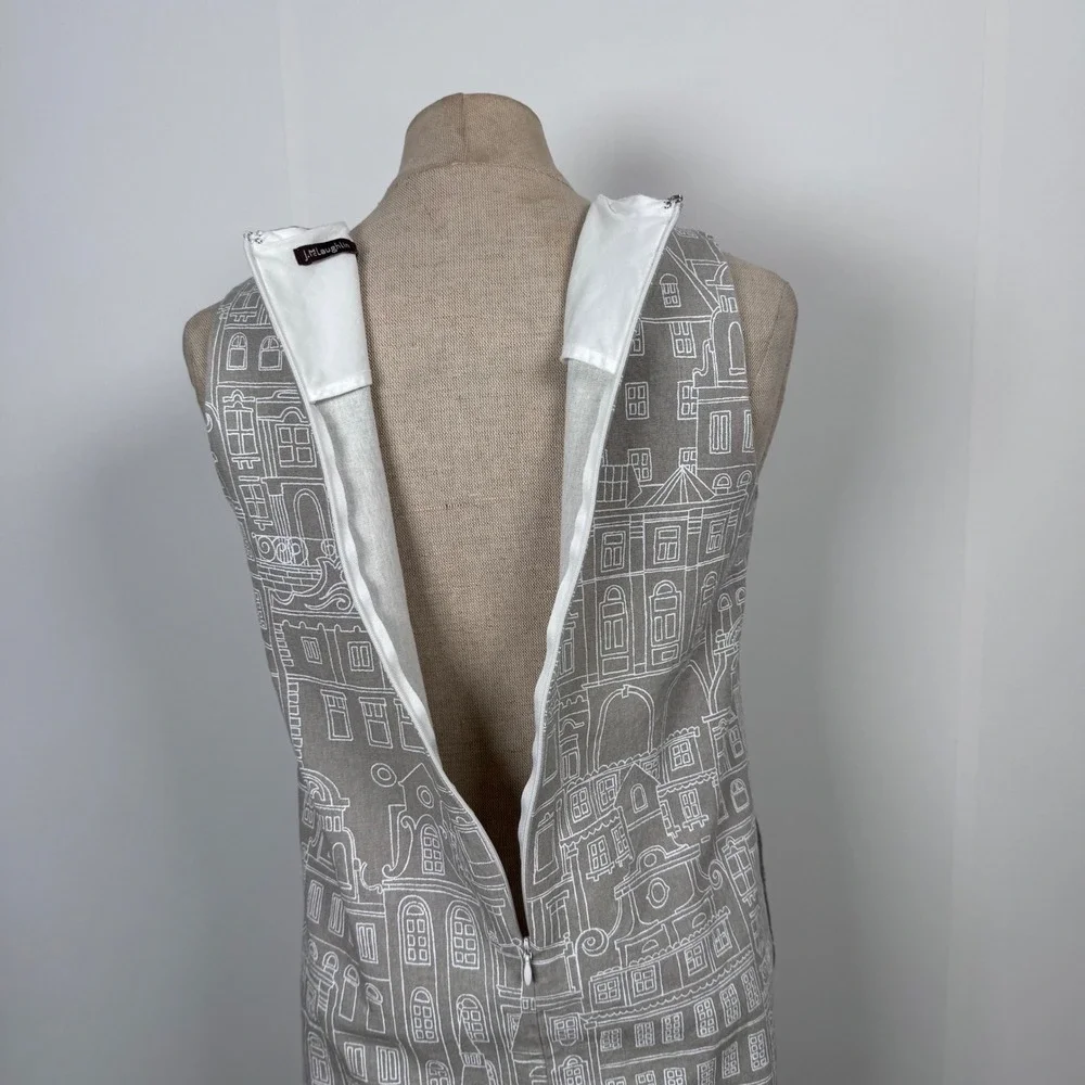 J. McLaughlin Cityscapes Shift Dress Sleeveless XS Taupe Preppy MOD Artsy Modern