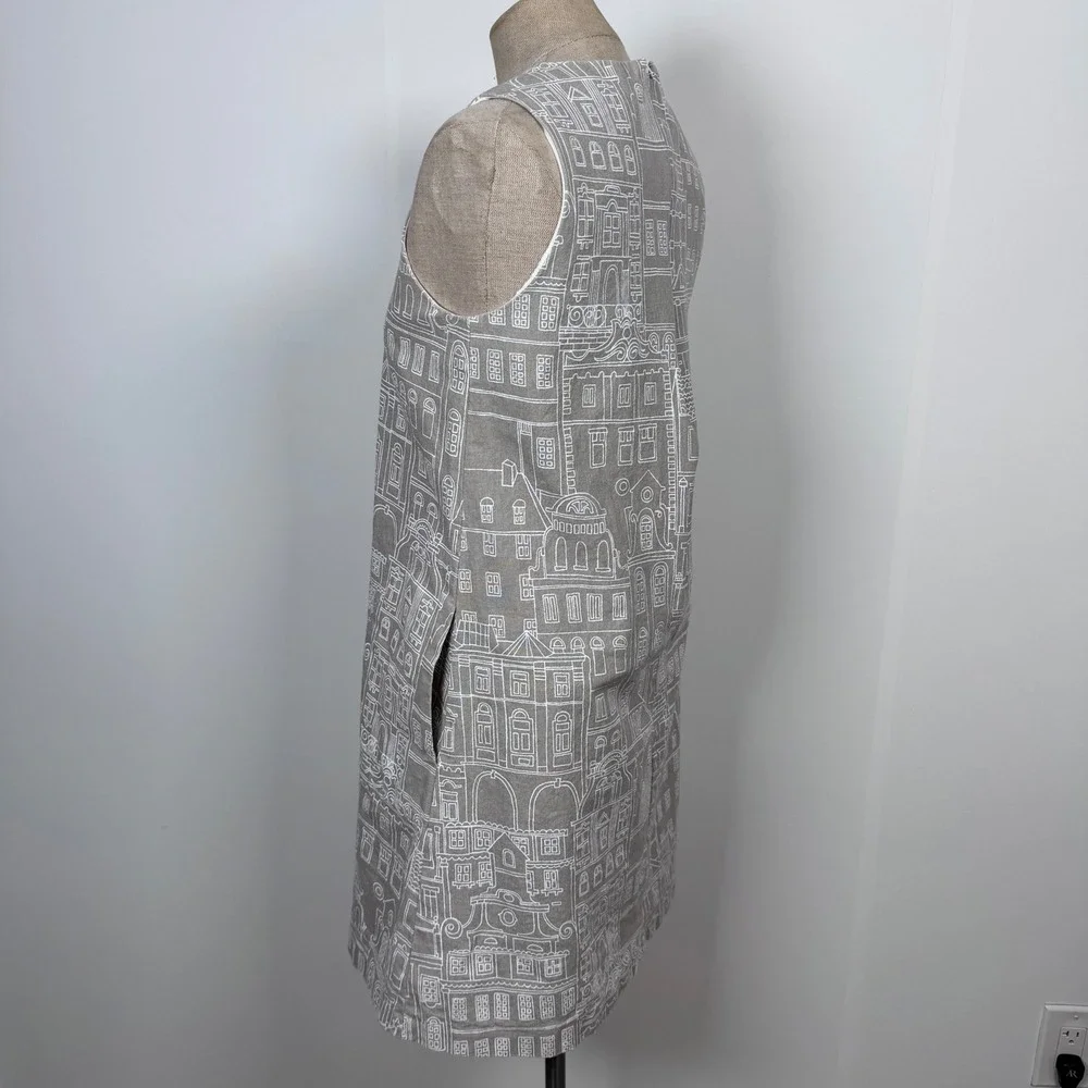 J. McLaughlin Cityscapes Shift Dress Sleeveless XS Taupe Preppy MOD Artsy Modern