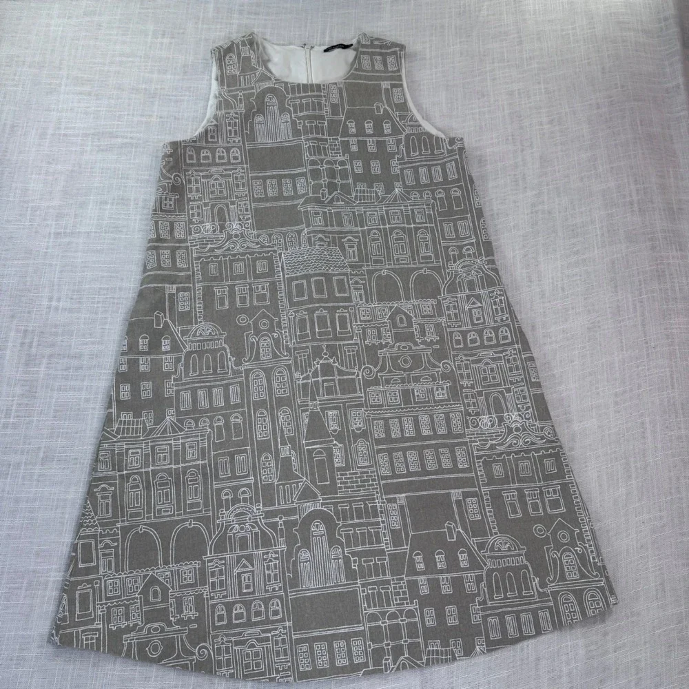 J. McLaughlin Cityscapes Shift Dress Sleeveless XS Taupe Preppy MOD Artsy Modern