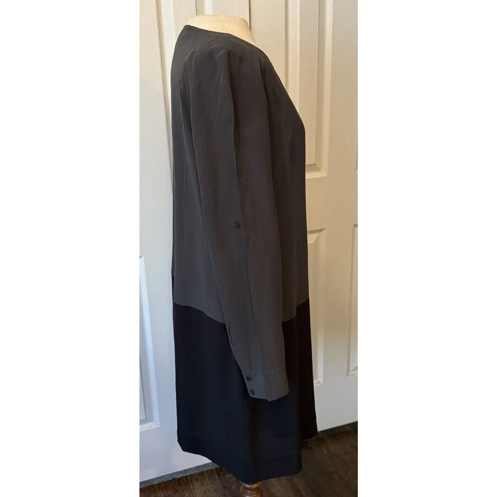 Eileen Fisher Dress Women Small 100% Silk Gray/Black Roll Tab Sleeve Oversize‎