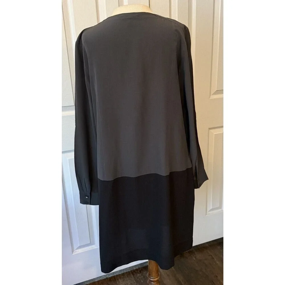 Eileen Fisher Dress Women Small 100% Silk Gray/Black Roll Tab Sleeve Oversize‎