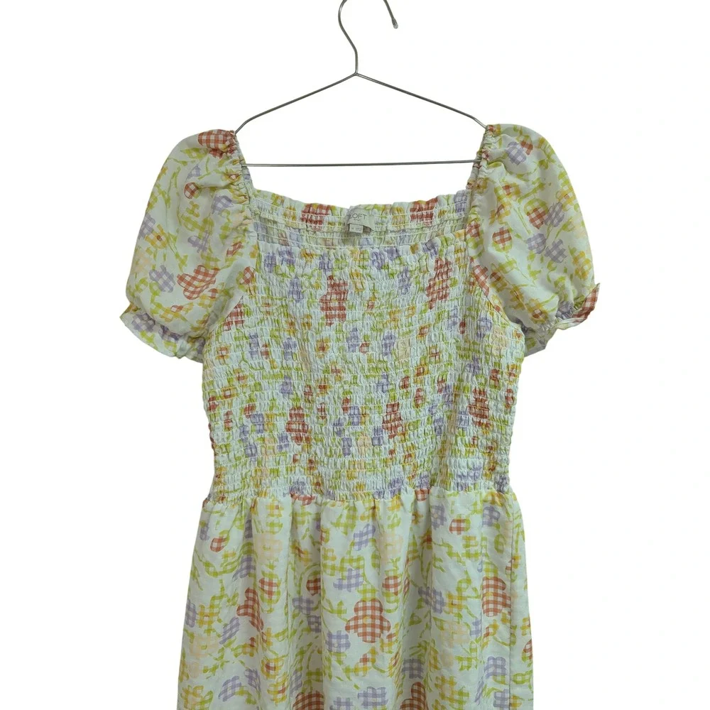 Loft Gingham Flower Puff Sleeve Dress Mini Smocked Cute Girlie‎ Pastel Medium