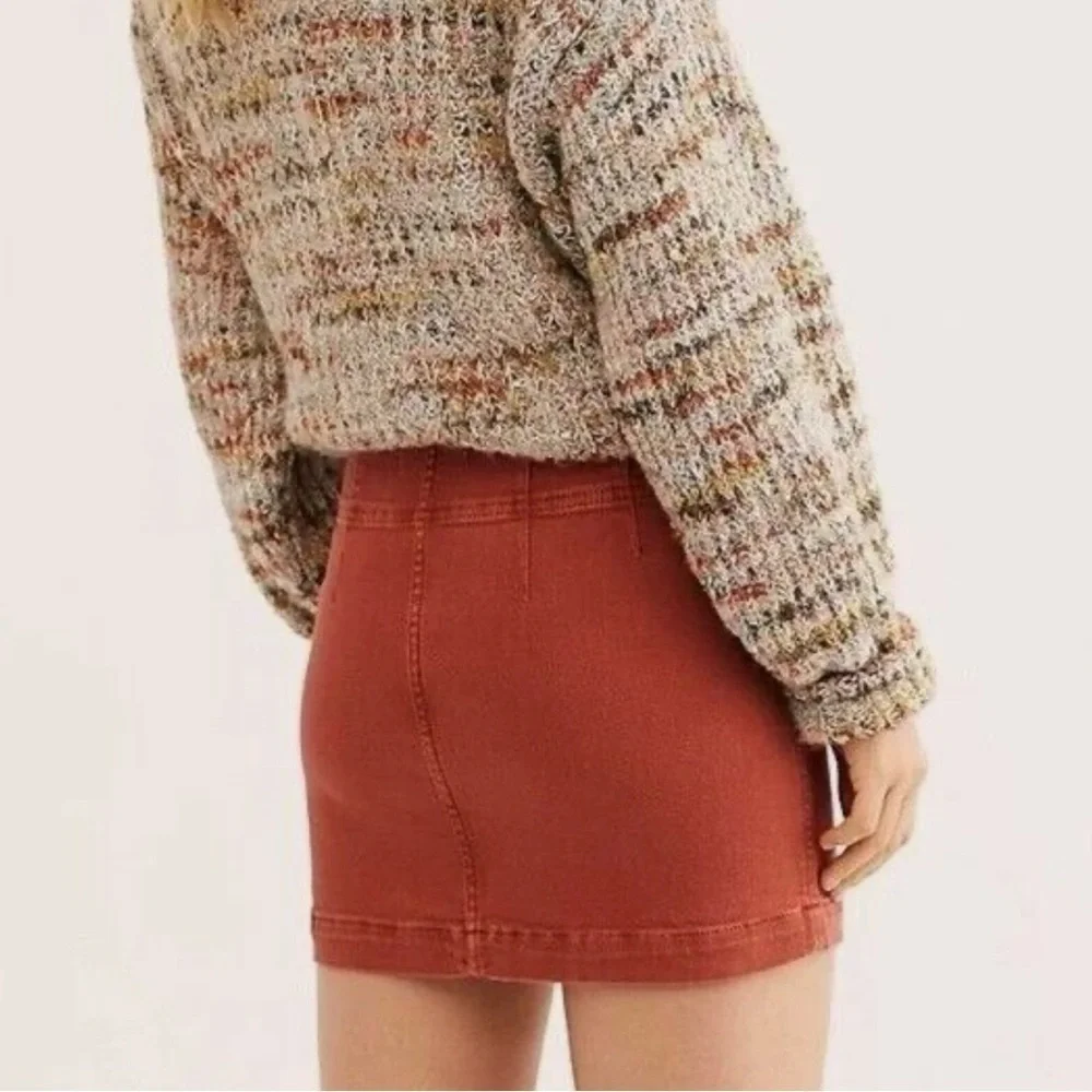 Free People We The Free Virgo Zip-Front Denim Mini Skirt Stretch Rust Orange 24