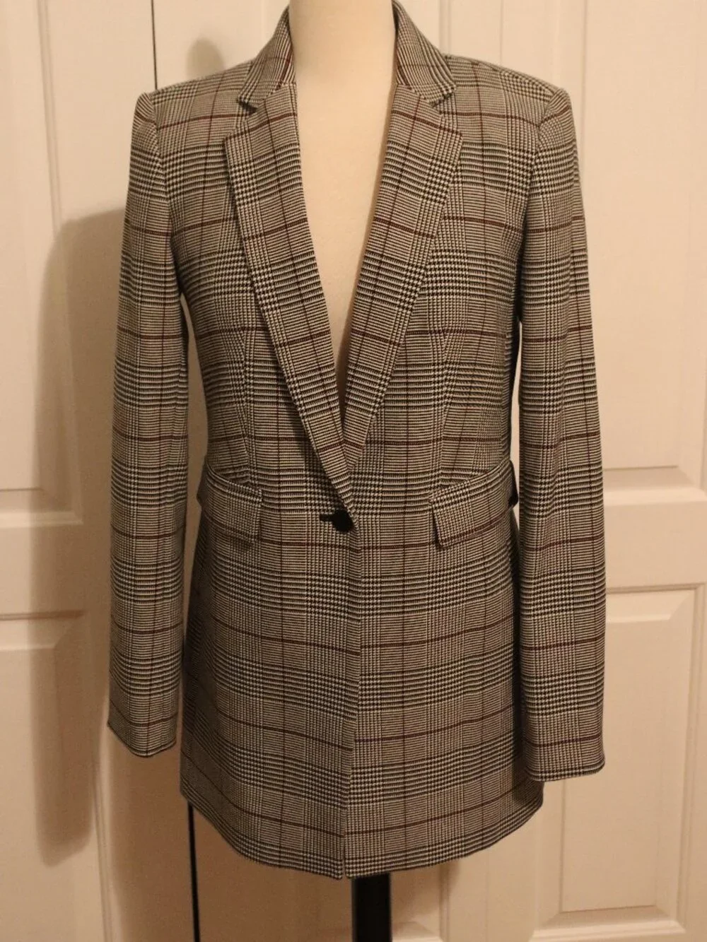 Calvin Klein Single Button Plaid Longline Blazer Tailored Slim Fit Size 4