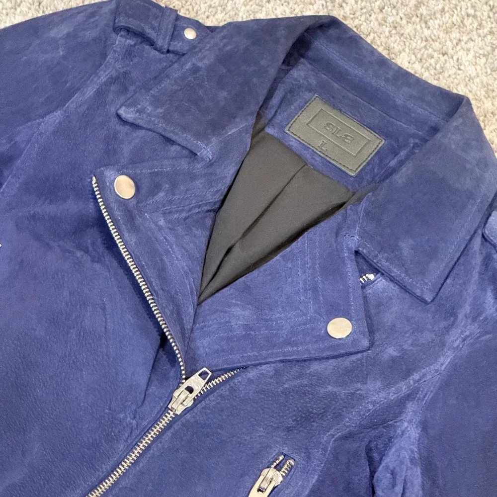 SL8 Navy‎ Blue Suede Leather Cropped Biker Jacket Womens Size L 18 P2P x 20 L