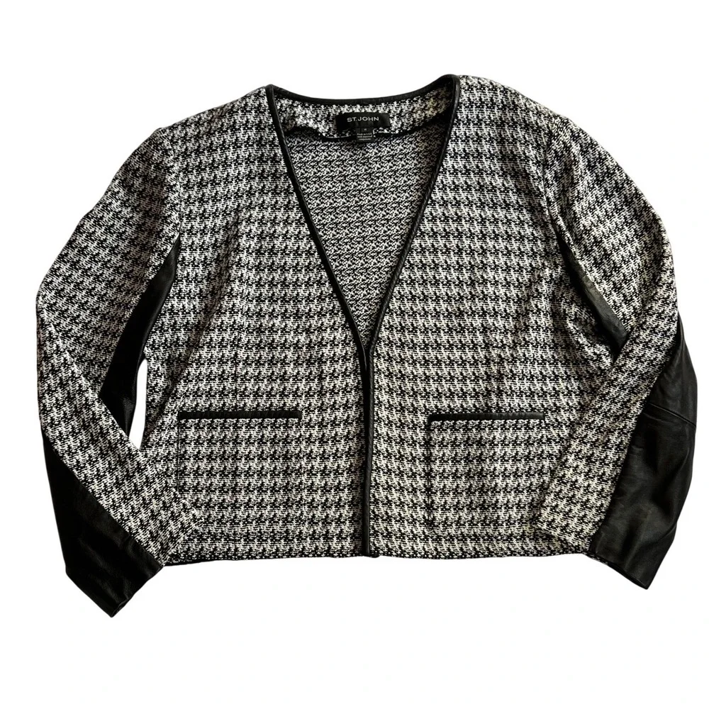 St John Collection Houndstooth Luxury Business Casual Jacket Black White Size 16