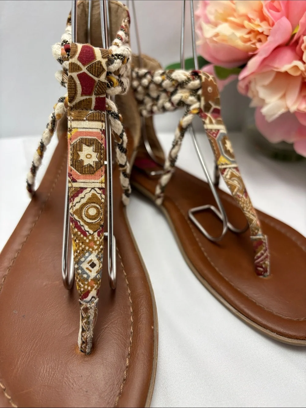 bp Womens 6 Multi Texture Brown and Beige Braided‎ T-Strap Sandals#475