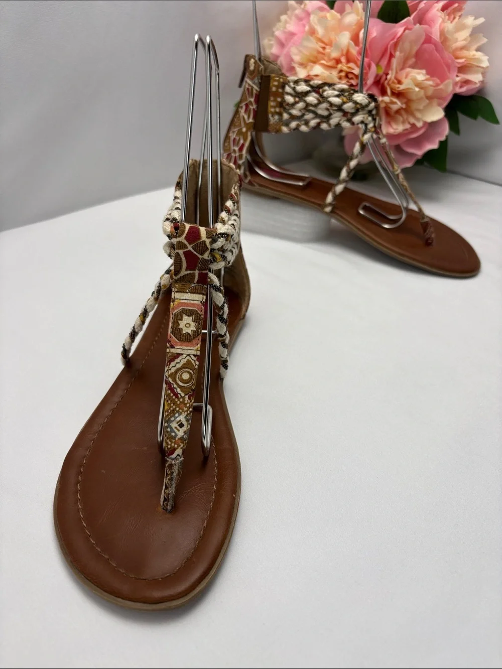 bp Womens 6 Multi Texture Brown and Beige Braided‎ T-Strap Sandals#475