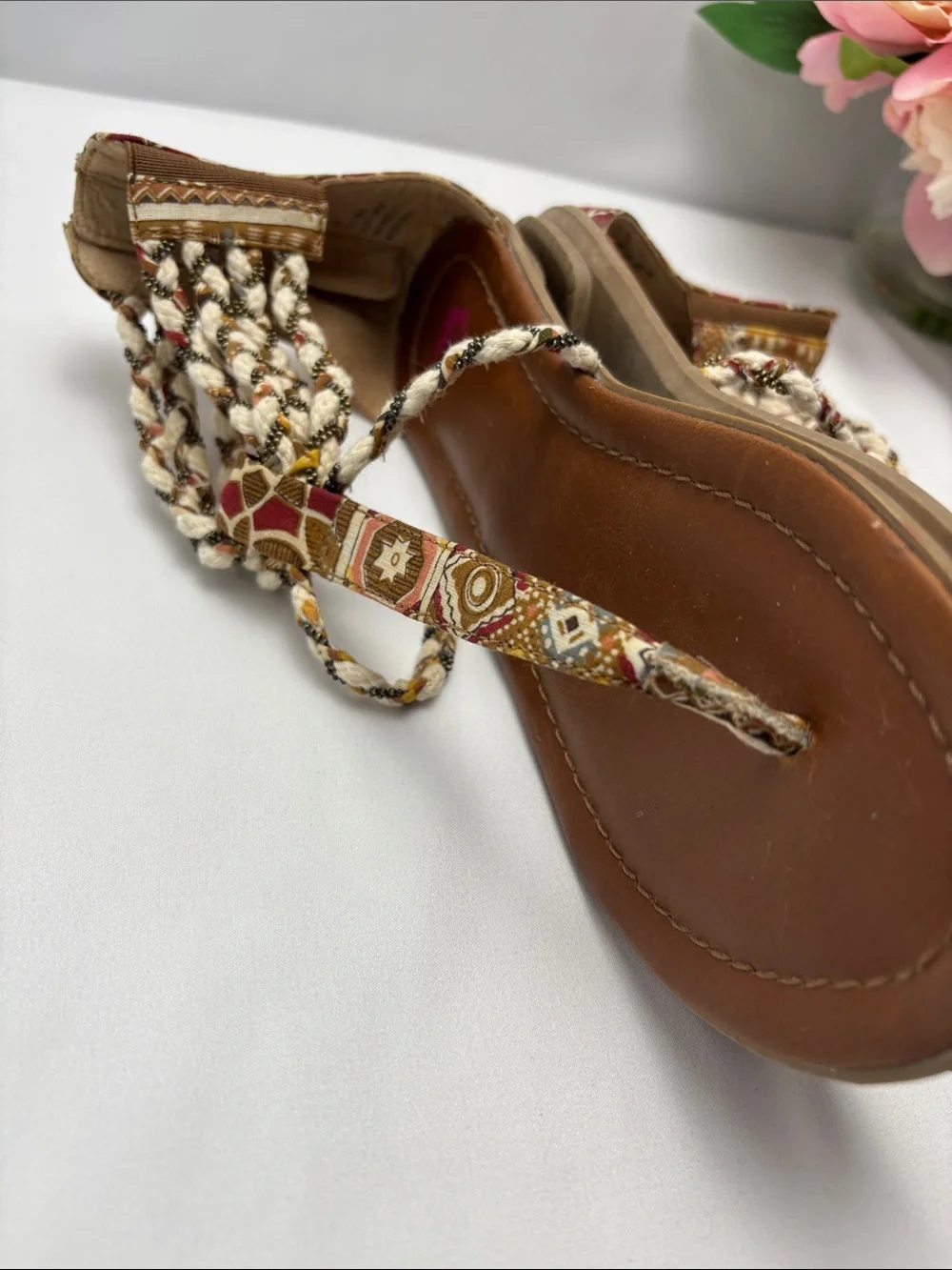 bp Womens 6 Multi Texture Brown and Beige Braided‎ T-Strap Sandals#475